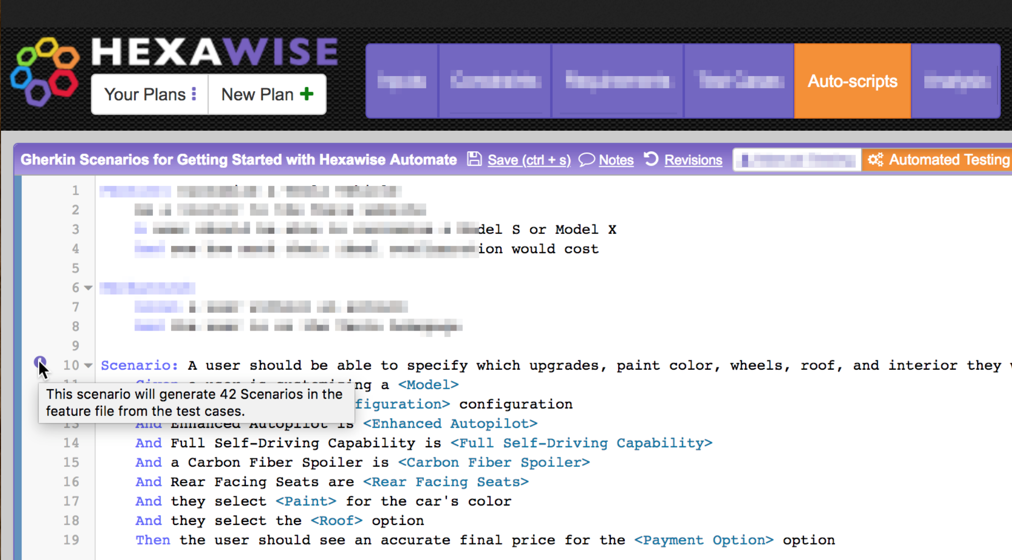 visual showing Hexawise Automate's scenario screen