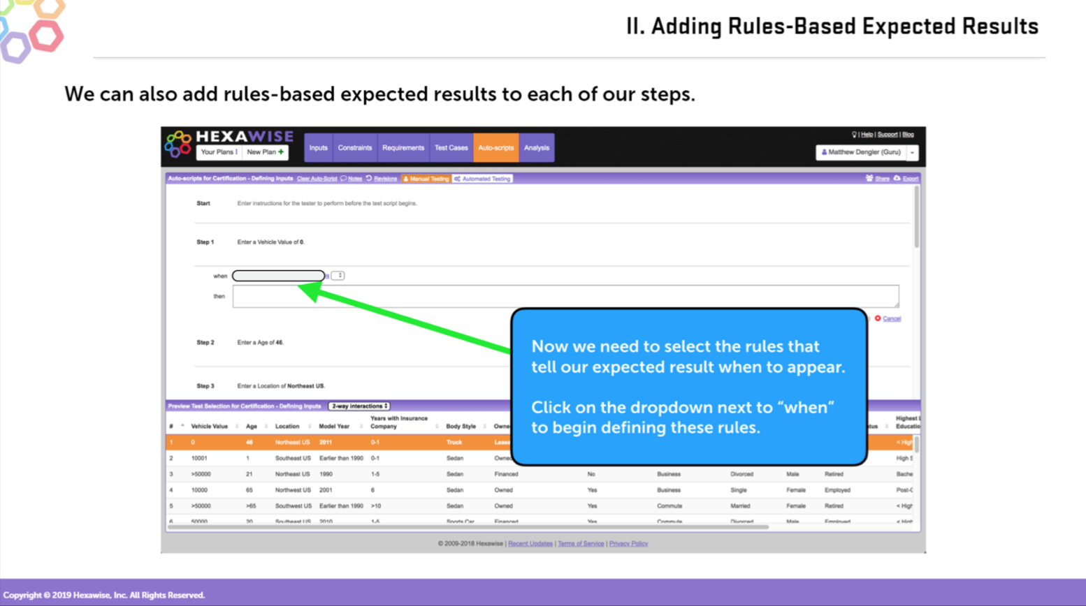 image of Hexawise course screen - adding rules based expected results